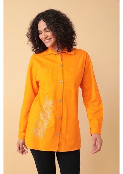 Yazı Taş Baskı Kadın Oversize Gömlek - 0243