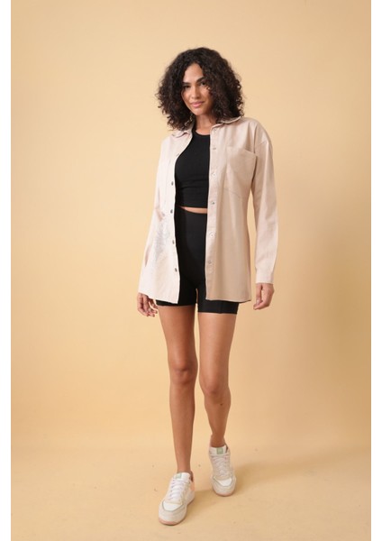 Yazı Taş Baskı Kadın Oversize Gömlek - 0243