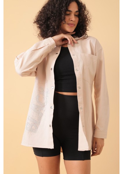 Yazı Taş Baskı Kadın Oversize Gömlek - 0243
