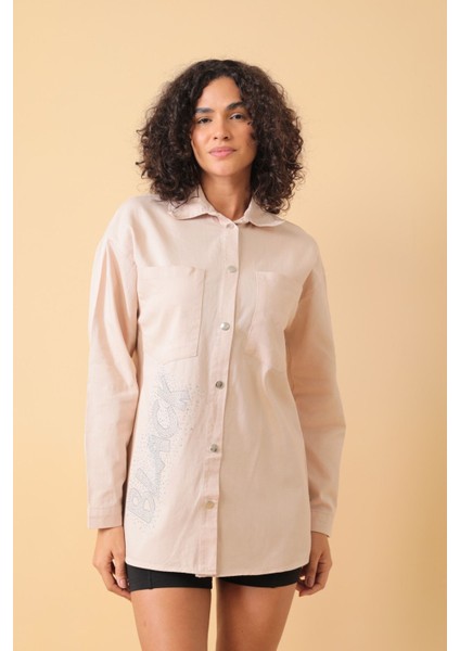 Yazı Taş Baskı Kadın Oversize Gömlek - 0243