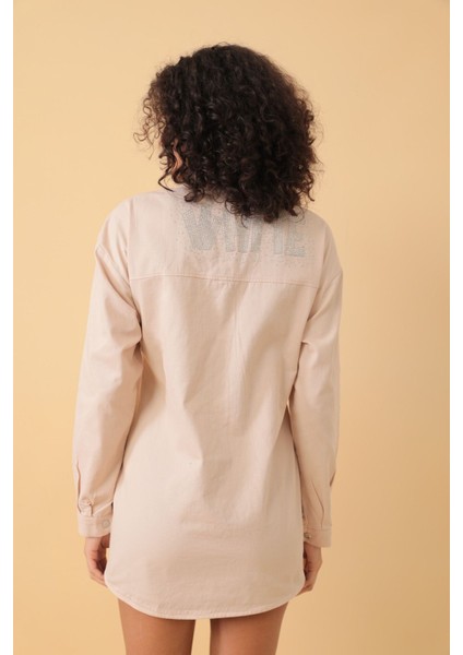 Yazı Taş Baskı Kadın Oversize Gömlek - 0243