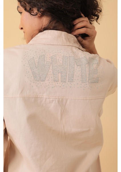 Yazı Taş Baskı Kadın Oversize Gömlek - 0243