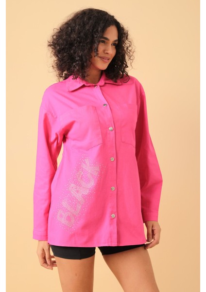 Yazı Taş Baskı Kadın Oversize Gömlek - 0243