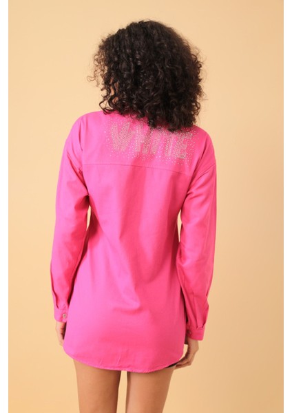 Yazı Taş Baskı Kadın Oversize Gömlek - 0243
