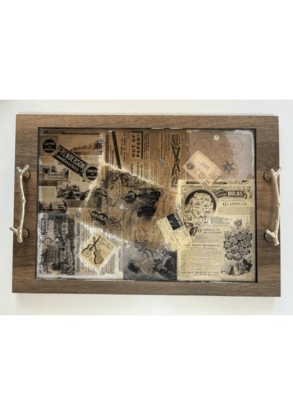 Epoksi Reçine Ahşap Desenli Tepsi - Vintage - Birdie Darling - 27 cm x 40 cm