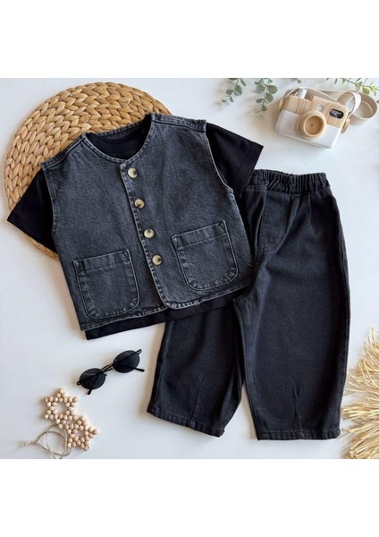 Oversize Antrasit Kot Yelek ve Beli Lastikli Balon Kot Pantolon Ikili Takım