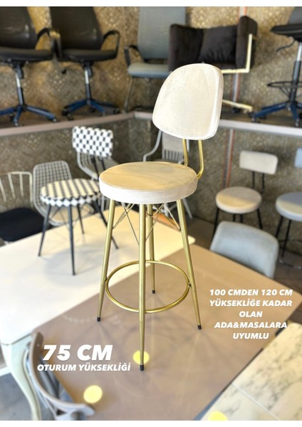Yeni Vena Bar Sandalyesi Mat(Eskitme) Gold Bej Babyface Kumaş.75 cm Oturum Yüksekliği