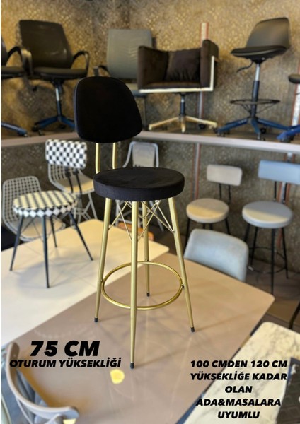 Yeni Vena Bar Sandalyesi Mat(Eskitme)Gold Siyah Babyface Kumaş.75 cm Oturum Yüksekliği