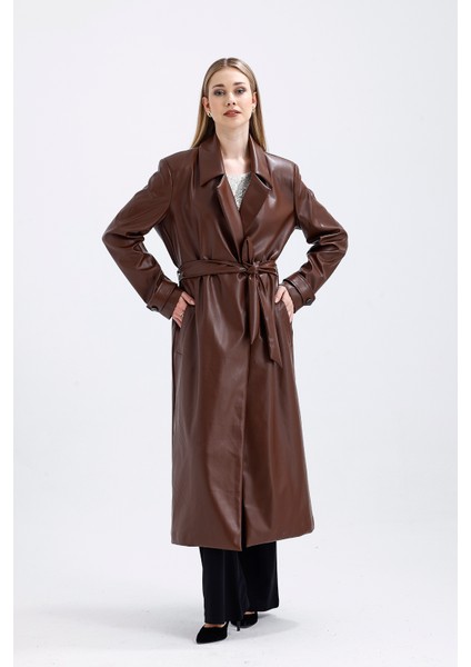 Astarlı Beli Kuşaklı Apoletli Suni Deri Trençkot Pardüsü Çikolata