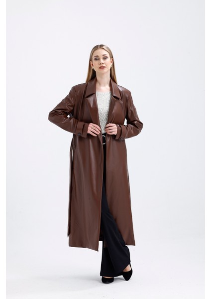 Astarlı Beli Kuşaklı Apoletli Suni Deri Trençkot Pardüsü Çikolata fiyatları