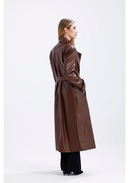 Astarlı Beli Kuşaklı Apoletli Suni Deri Trençkot Pardüsü Çikolata indirimleri