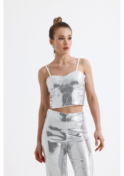 Gloplu Fermuarlı Pul Payet Bustiyer | BUS32675 Gumus