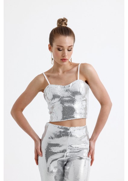 Gloplu Fermuarlı Pul Payet Bustiyer | BUS32675 Gumus fiyatları