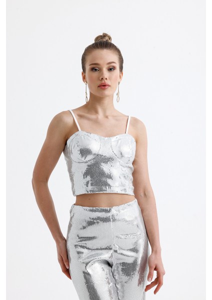 Gloplu Fermuarlı Pul Payet Bustiyer | BUS32675 Gumus modelleri