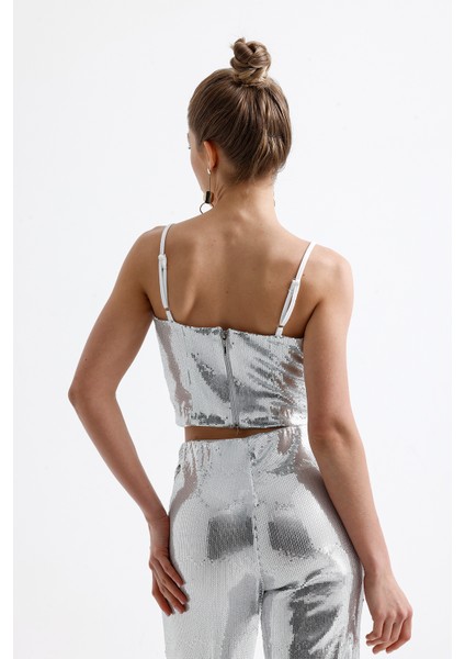 Gloplu Fermuarlı Pul Payet Bustiyer | BUS32675 Gumus indirimleri