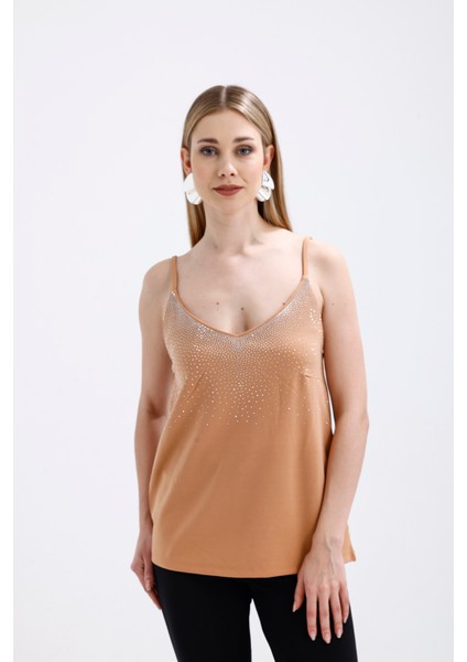 Önü Taşlı Askılıi Scuba Krep Kısa Bluz | BLZ34466 Bej