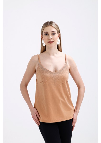 Önü Taşlı Askılıi Scuba Krep Kısa Bluz | BLZ34466 Bej fiyatları
