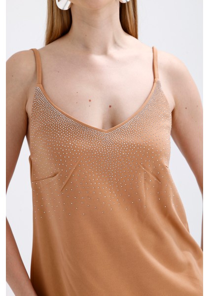 Önü Taşlı Askılıi Scuba Krep Kısa Bluz | BLZ34466 Bej modelleri