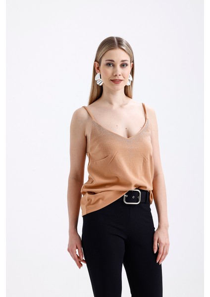 Önü Taşlı Askılıi Scuba Krep Kısa Bluz | BLZ34466 Bej fırsatları
