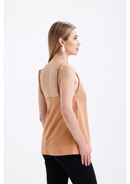 Önü Taşlı Askılıi Scuba Krep Kısa Bluz | BLZ34466 Bej indirimleri