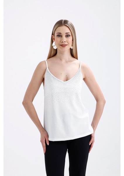 Önü Taşlı Askılıi Scuba Krep Kısa Bluz | BLZ34466 Ekru