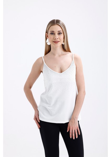 Önü Taşlı Askılıi Scuba Krep Kısa Bluz | BLZ34466 Ekru fiyatları