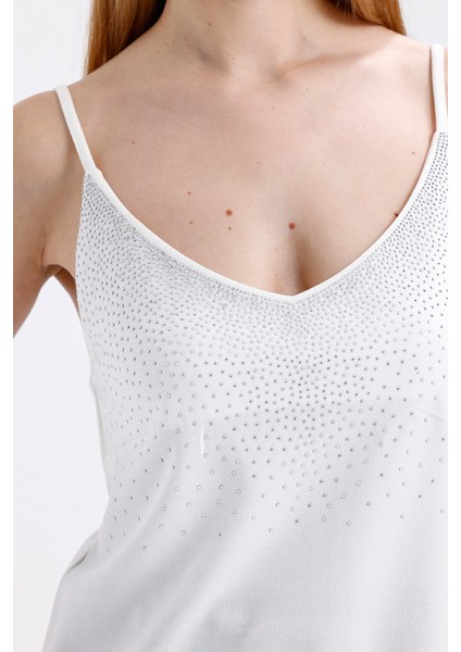 Önü Taşlı Askılıi Scuba Krep Kısa Bluz | BLZ34466 Ekru fırsatları