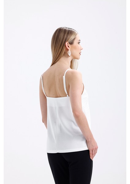 Önü Taşlı Askılıi Scuba Krep Kısa Bluz | BLZ34466 Ekru indirimleri