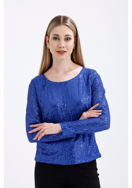 Içi Astarlı Pul Payet Abiye Bluz | BLZ35497 Saks