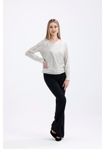 Içi Astarlı Pul Payet Abiye Bluz | BLZ35497 Bej modelleri