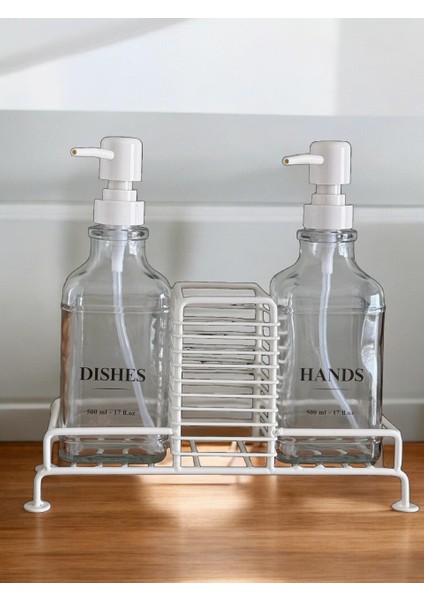 2’li Metal Standlı Cam Sıvı Sabun ve Sabunluk 500 ml Beyaz