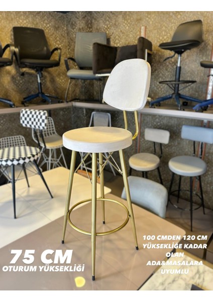 Yeni Vena Bar Sandalyesi Mat(Eskitme)Gold Beyaz Babyface Kumaş.75 cm Oturum Yüksekliği.