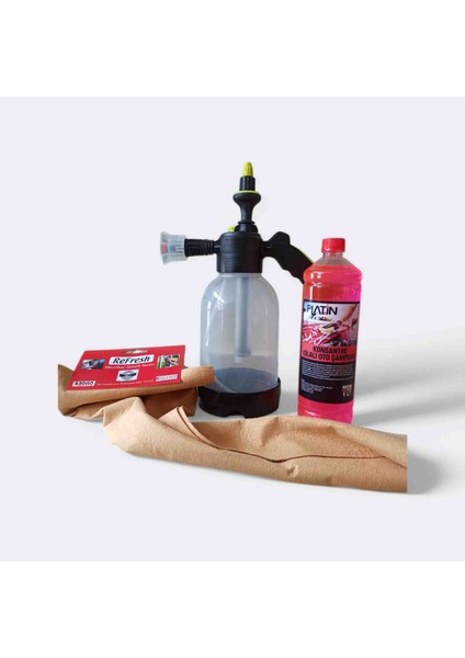 Araba Yıkama Köpük Pompası 2lt - Cilalı Şampuan 1lt- 50X70CM Güderi Bez 3 Lü Set