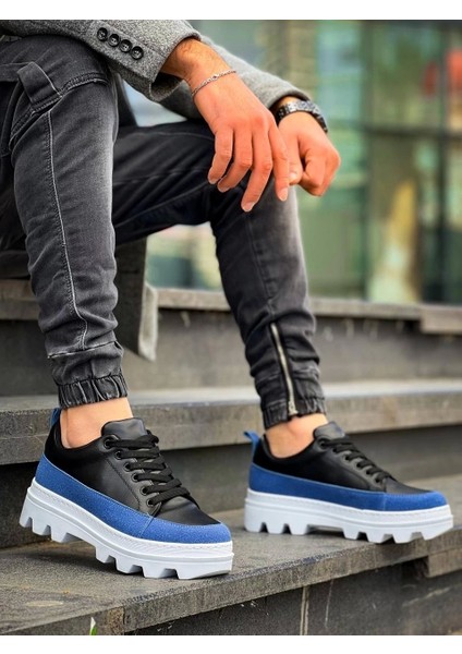 KB-056 Kuback Siyah Mavi Detaylı Beyaz Yüksek Taban Günlük Spor Ayakkabı
