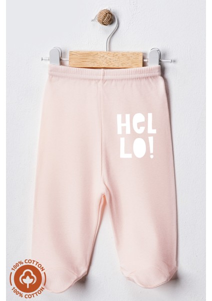 Unisex Bebek Hello Baskılı Penye Organik Pamuklu 0-6 Ay Patikli Bebek Pantolon Tek Alt 2li Set