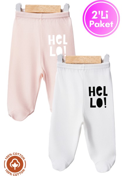 Unisex Bebek Hello Baskılı Penye Organik Pamuklu 0-6 Ay Patikli Bebek Pantolon Tek Alt 2li Set