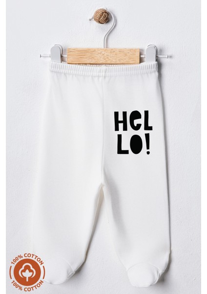 Unisex Bebek Hello Baskılı Penye Organik Pamuklu 0-6 Ay Patikli Bebek Pantolon Tek Alt 2li Set