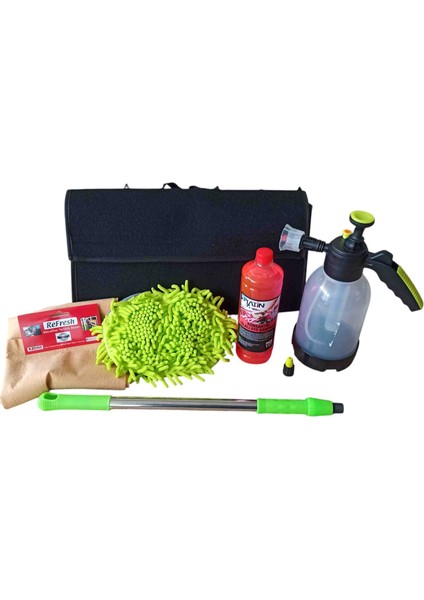 Çantalı Araba Yıkama Seti 5 Parça - Köpük Pompası 2lt- 1lt Sampuan-Saplı Yıkama Mopu -Güderi...