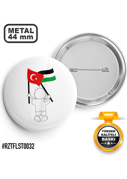Türk Filistin Bayrak Çocuk İğneli Rozet 44 mm