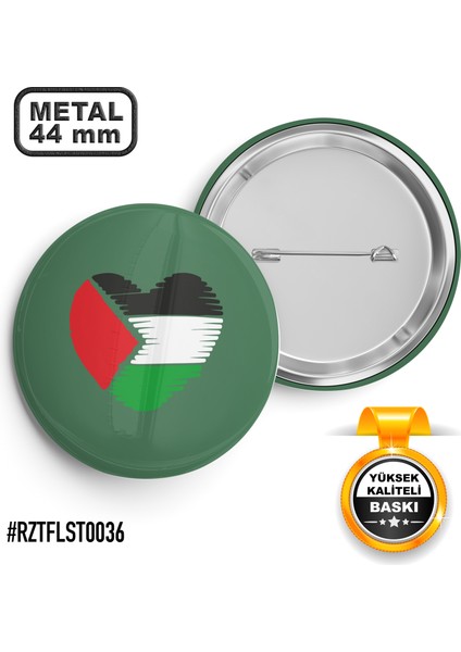 Filistin Kalpli Bayrak İğneli Rozet 44 mm