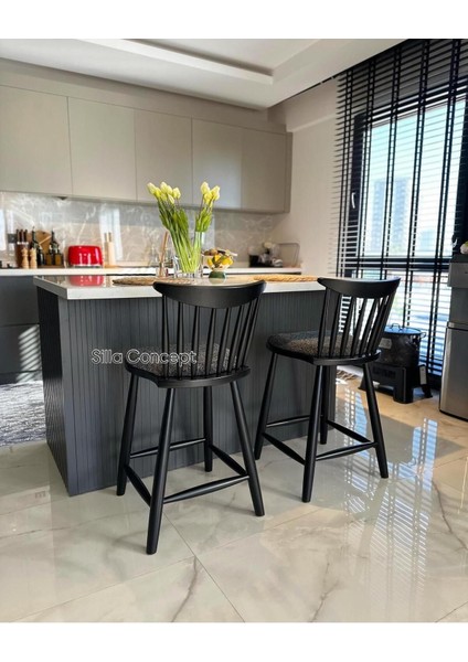 Concept Yıldız Bar Sandalyesi Teddy Antrasit Kumaş Siyah Ahşap Ada Sandalye