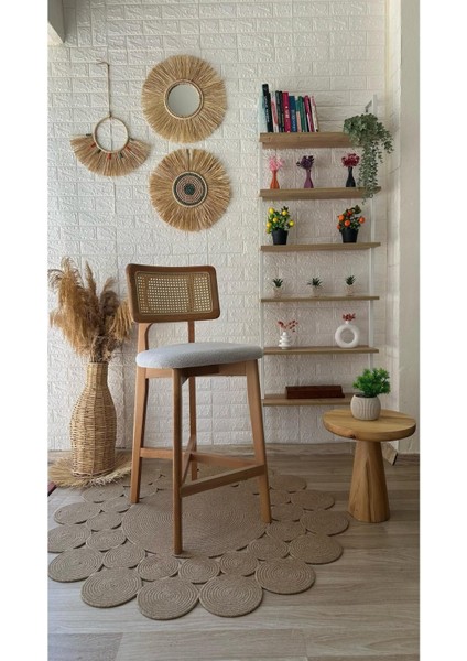 Concept Zion Bar Sandalyesi Teddy Krem Kahve Desenli Kumaş Hasırlı Naturel Ahşap Ada Sandalye