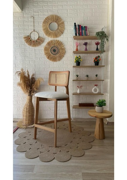 Concept Zion Bar Sandalyesi Teddy Krem Kumaş Hasırlı Bar Sandalyesi Naturel Ahşap Ada Sandalye