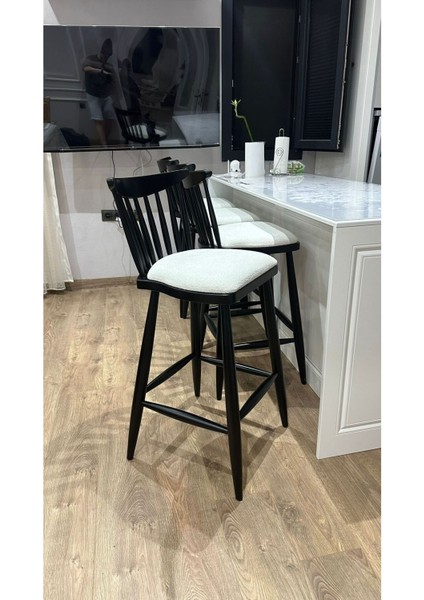 Concept Yıldız Bar Sandalyesi Teddy Krem Kumaş Siyah Ahşap Ada Sandalye