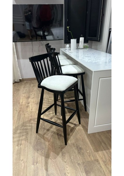 Concept Yıldız Bar Sandalyesi Teddy Krem Kumaş Siyah Ahşap Ada Sandalye