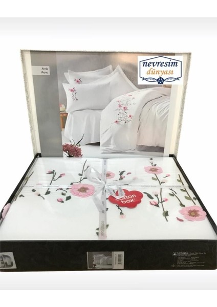 Mulvxurg URG02 3D Nakışlı Çift Kişilik Saten Nevresim Takımı Perla Beyaz (Mulvix)