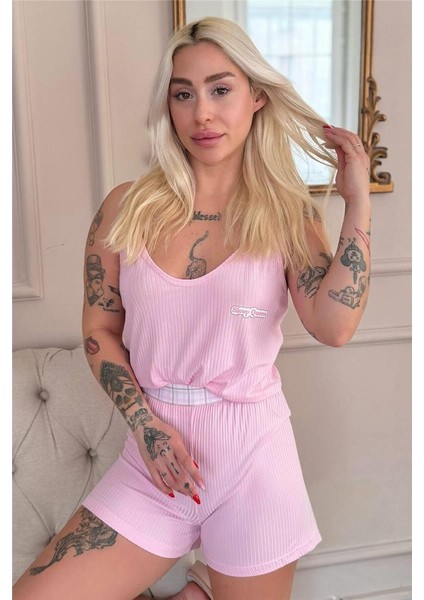 Pembe Douce Dream Desenli Örme Ip Askı Şortlu Kadın Pijama Takımı