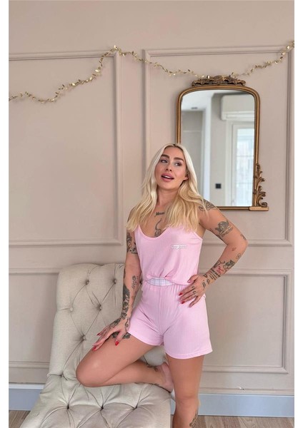 Pembe Douce Dream Desenli Örme Ip Askı Şortlu Kadın Pijama Takımı modelleri