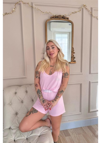 Pembe Douce Dream Desenli Örme Ip Askı Şortlu Kadın Pijama Takımı fırsatları