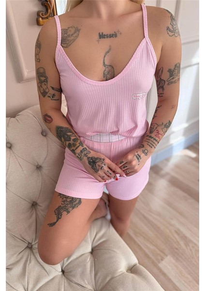 Pembe Douce Dream Desenli Örme Ip Askı Şortlu Kadın Pijama Takımı indirimleri